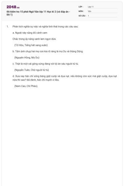 Đề kiểm tra 15 phút Ngữ Văn lớp 11 Học kì 2 (có đáp án - Đề 1)