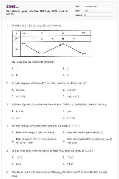 Đề thi thử tốt nghiệp môn Toán THPT năm 2022 có đáp án (đề 23)