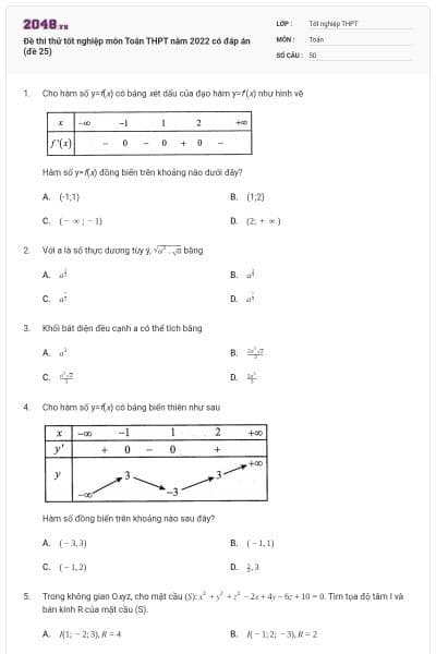 Đề thi thử tốt nghiệp môn Toán THPT năm 2022 có đáp án (đề 25)