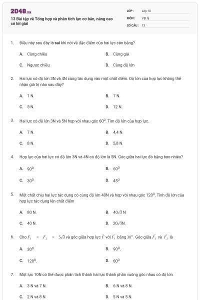13 Bài tập về Tổng hợp và phân tích lực cơ bản, nâng cao có lời giải