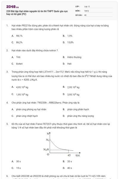 220 Bài tập Hạt nhân nguyên tử ôn thi THPT Quốc gia cực hay có lời giải (P2)