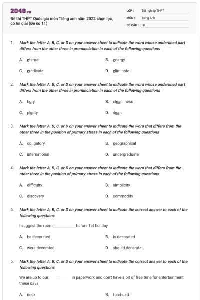 Đề thi THPT Quốc gia môn Tiếng anh năm 2022 chọn lọc, có lời giải (Đề số 11)