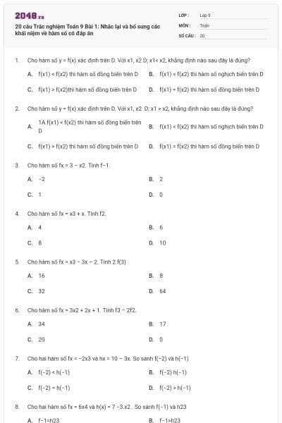 20 câu Trắc nghiệm Toán 9 Bài 1: Nhắc lại và bổ sung các khái niệm về hàm số có đáp án