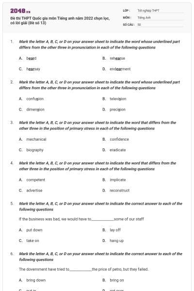 Đề thi THPT Quốc gia môn Tiếng anh năm 2022 chọn lọc, có lời giải (Đề số 13)