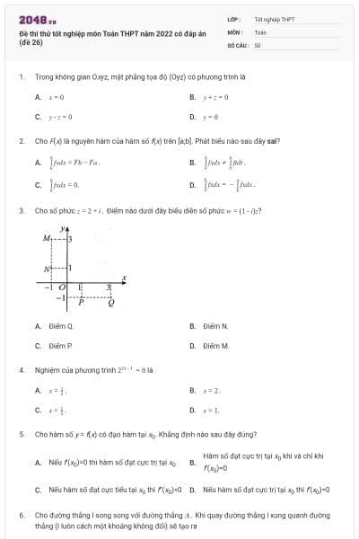 Đề thi thử tốt nghiệp môn Toán THPT năm 2022 có đáp án (đề 26)