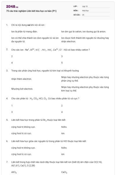 75 câu trắc nghiệm Liên kết hóa học cơ bản (P1)