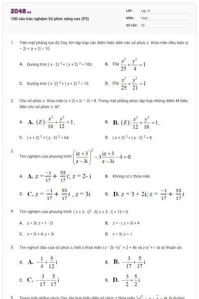 100 câu trắc nghiệm Số phức nâng cao (P3)