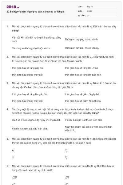 22 Bài tập về ném ngang cơ bản, nâng cao có lời giải