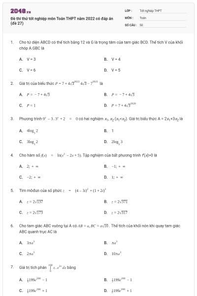 Đề thi thử tốt nghiệp môn Toán THPT năm 2022 có đáp án (đề 27)