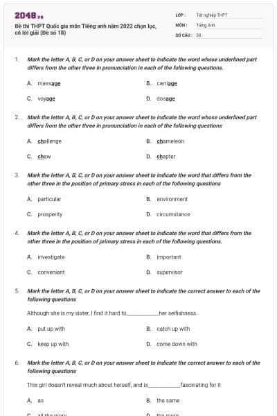Đề thi THPT Quốc gia môn Tiếng anh năm 2022 chọn lọc, có lời giải (Đề số 18)