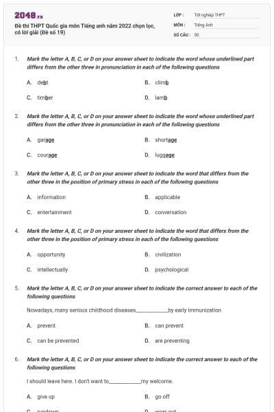Đề thi THPT Quốc gia môn Tiếng anh năm 2022 chọn lọc, có lời giải (Đề số 19)