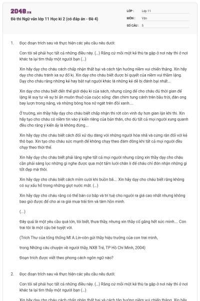 Đề thi Ngữ văn lớp 11 Học kì 2 (có đáp án - Đề 4)