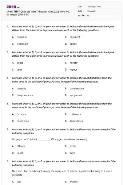 Đề thi THPT Quốc gia môn Tiếng anh năm 2022 chọn lọc, có lời giải (Đề số 21)