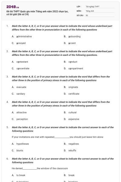 Đề thi THPT Quốc gia môn Tiếng anh năm 2022 chọn lọc, có lời giải (Đề số 24)