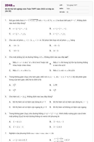 Đề thi thử tốt nghiệp môn Toán THPT năm 2022 có đáp án (đề 30)