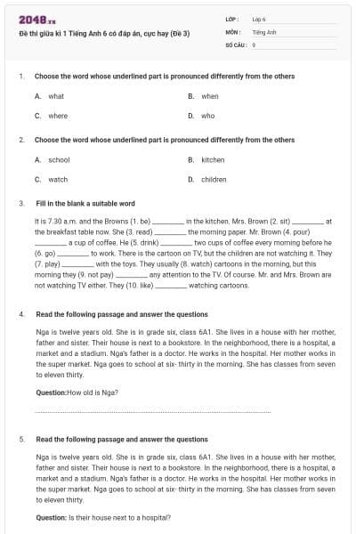 Đề thi giữa kì 1 Tiếng Anh 6 có đáp án, cực hay (Đề 3)