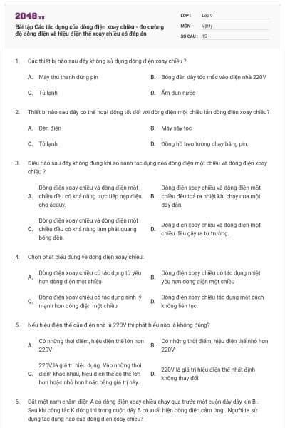 Bài tập Các tác dụng của dòng điện xoay chiều - đo cường độ dòng điện và hiệu điện thế xoay chiều có đáp án