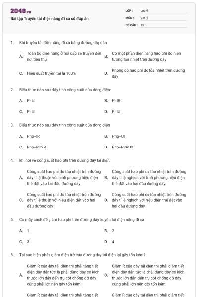 Bài tập Truyền tải điện năng đi xa có đáp án
