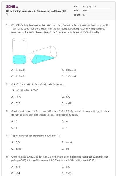 Đề thi thử thpt quốc gia môn Toán cực hay có lời giải ( Đề 4)