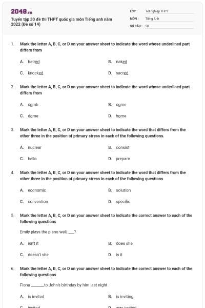 Tuyển tập 30 đề thi THPT quốc gia môn Tiếng anh năm 2022 (Đề số 14)