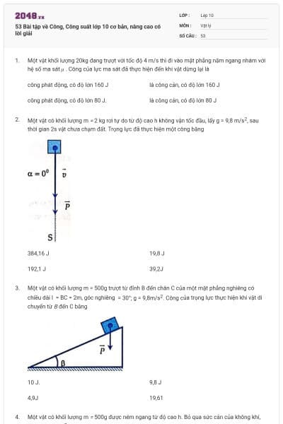 53 Bài tập về Công, Công suất lớp 10 cơ bản, nâng cao có lời giải