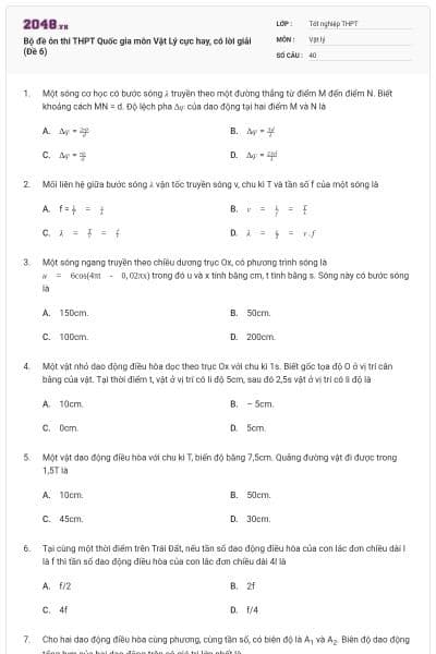 Bộ đề ôn thi THPT Quốc gia môn Vật Lý cực hay, có lời giải (Đề 6)