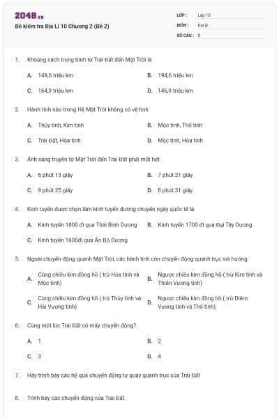Đề kiểm tra Địa Lí 10 Chương 2 (Đề 2)
