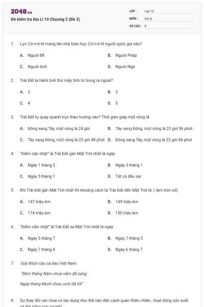 Đề kiểm tra Địa Lí 10 Chương 2 (Đề 3)