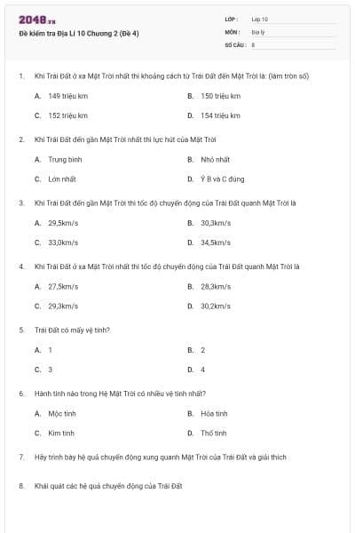 Đề kiểm tra Địa Lí 10 Chương 2 (Đề 4)