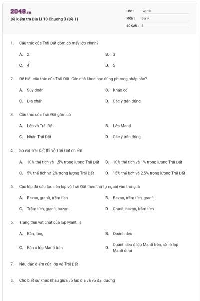 Đề kiểm tra Địa Lí 10 Chương 3 (Đề 1)