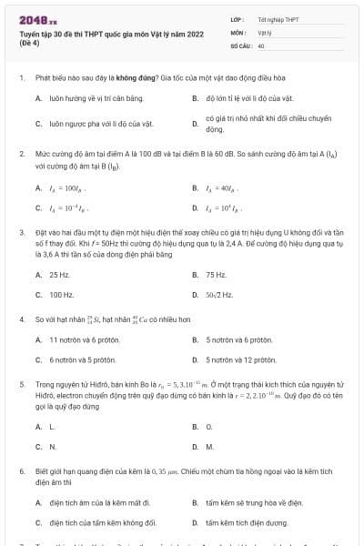 Tuyển tập 30 đề thi THPT quốc gia môn Vật lý năm 2022 (Đề 4)