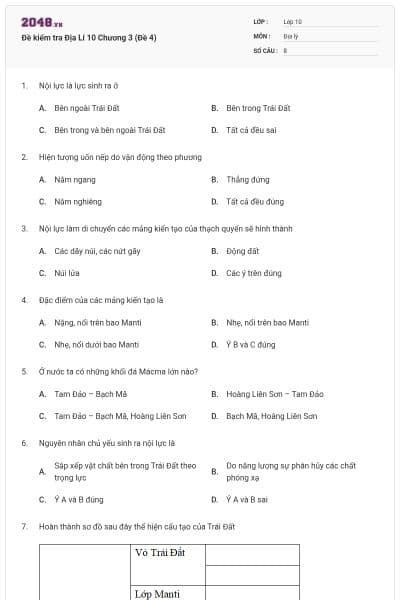 Đề kiểm tra Địa Lí 10 Chương 3 (Đề 4)