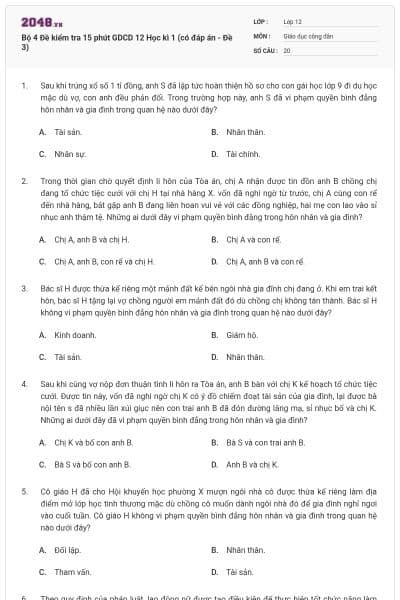 Bộ 4 Đề kiểm tra 15 phút GDCD 12 Học kì 1 (có đáp án - Đề 3)