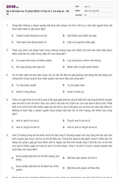 Bộ 4 Đề kiểm tra 15 phút GDCD 12 Học kì 1 (có đáp án - Đề 4)