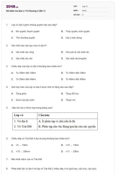 Đề kiểm tra Địa Lí 10 Chương 4 (Đề 1)