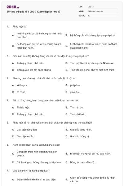 Bộ 4 Đề thi giữa kì 1 GDCD 12 (có đáp án - Đề 1)