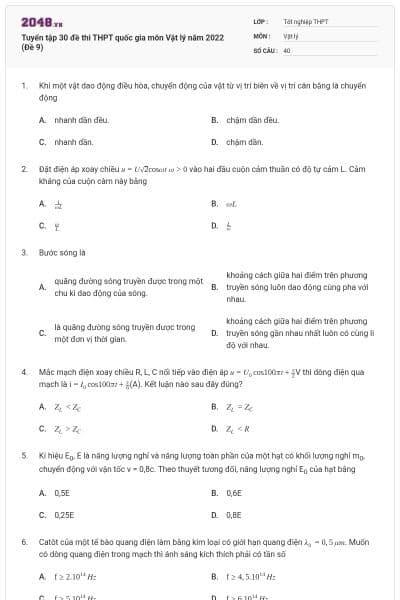 Tuyển tập 30 đề thi THPT quốc gia môn Vật lý năm 2022 (Đề 9)
