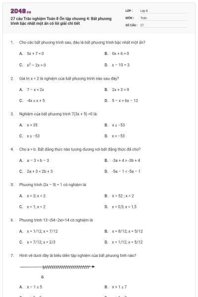 27 câu Trắc nghiệm Toán 8 Ôn tập chương 4: Bất phương trình bậc nhất một ẩn có lời giải chi tiết