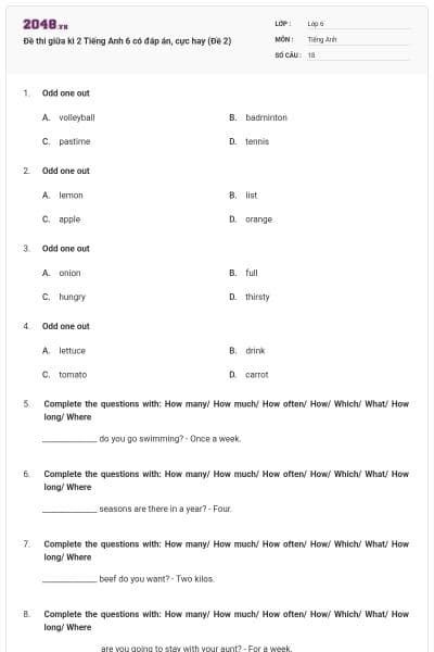 Đề thi giữa kì 2 Tiếng Anh 6 có đáp án, cực hay (Đề 2)