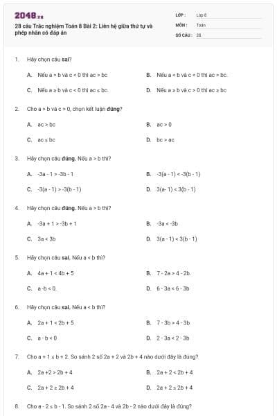 28 câu Trắc nghiệm Toán 8 Bài 2: Liên hệ giữa thứ tự và phép nhân có đáp án