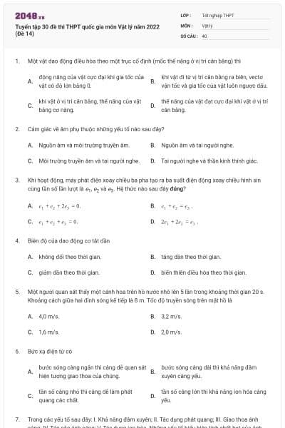 Tuyển tập 30 đề thi THPT quốc gia môn Vật lý năm 2022 (Đề 14)