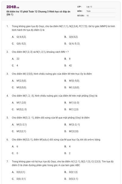 Đề kiểm tra 15 phút Toán 12 Chương 3 Hình học có đáp án (Đề 1)