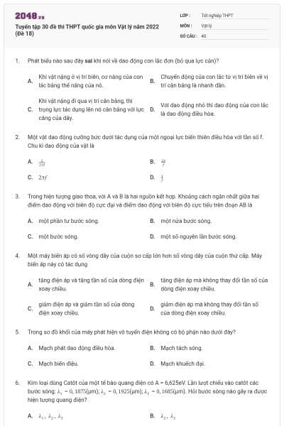 Tuyển tập 30 đề thi THPT quốc gia môn Vật lý năm 2022 (Đề 18)