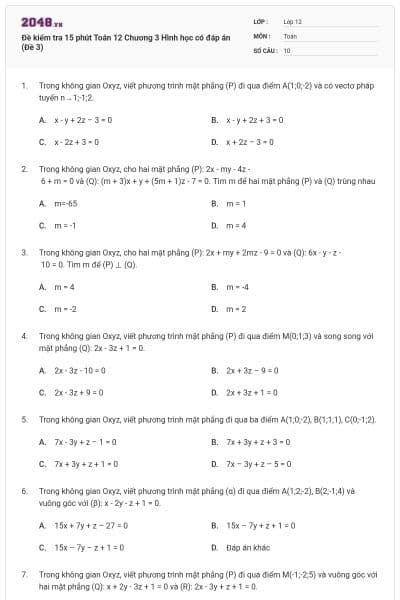 Đề kiểm tra 15 phút Toán 12 Chương 3 Hình học có đáp án (Đề 3)