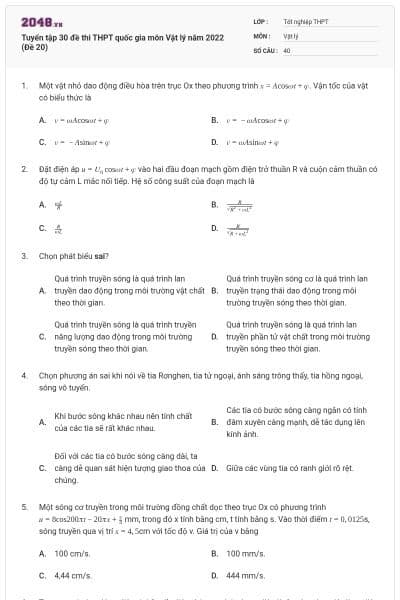 Tuyển tập 30 đề thi THPT quốc gia môn Vật lý năm 2022 (Đề 20)