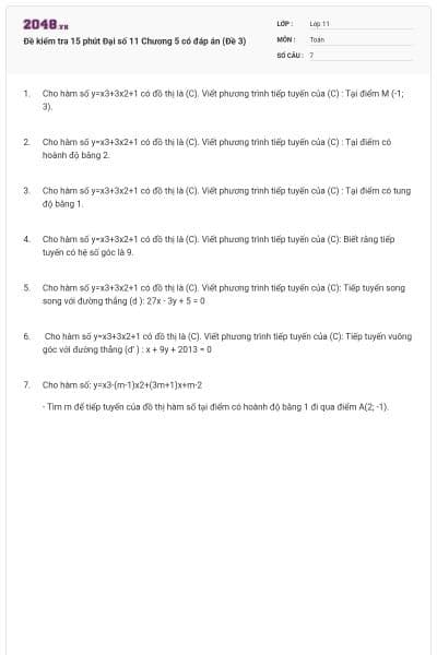 Đề kiểm tra 15 phút Đại số 11 Chương 5 có đáp án (Đề 3)