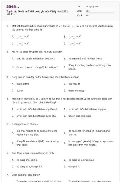 Tuyển tập 30 đề thi THPT quốc gia môn Vật lý năm 2022 (Đề 21)