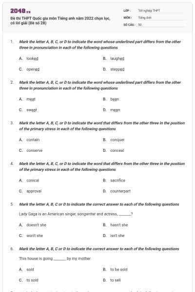 Đề thi THPT Quốc gia môn Tiếng anh năm 2022 chọn lọc, có lời giải (Đề số 28)