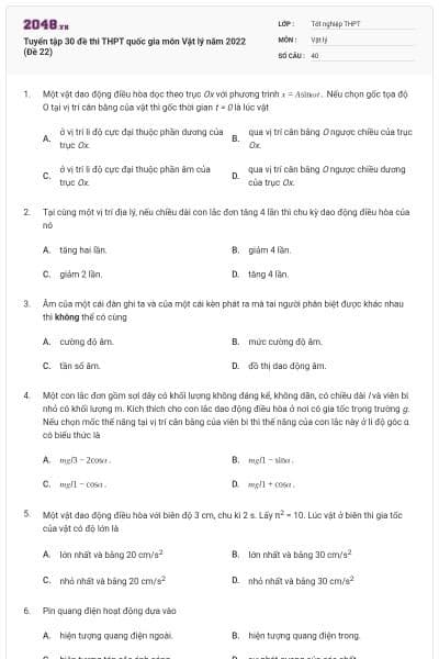 Tuyển tập 30 đề thi THPT quốc gia môn Vật lý năm 2022 (Đề 22)