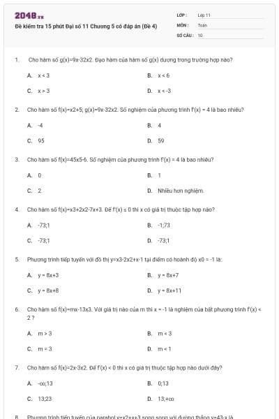 Đề kiểm tra 15 phút Đại số 11 Chương 5 có đáp án (Đề 4)